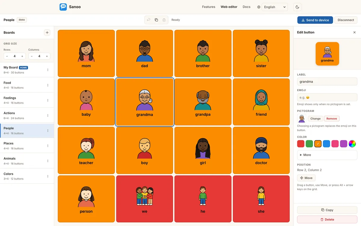 The Sanoo web editor in a browser, showing a board and its quick phrases